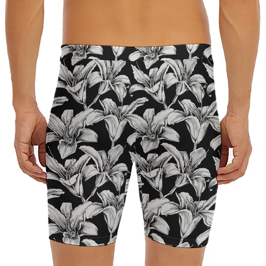 Black And White Lily Pattern Print Men's Long Boxer Briefs
