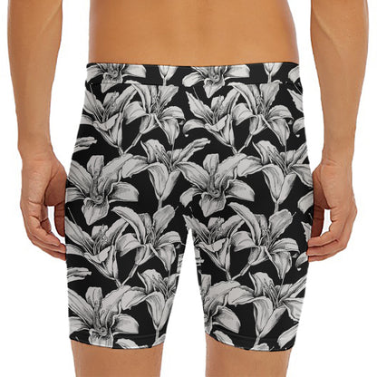 Black And White Lily Pattern Print Men's Long Boxer Briefs