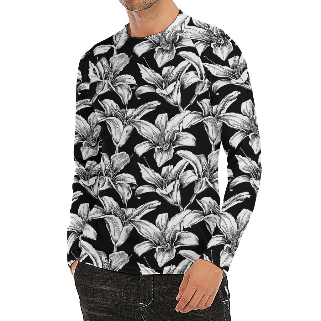 Black And White Lily Pattern Print Men's Long Sleeve Rash Guard