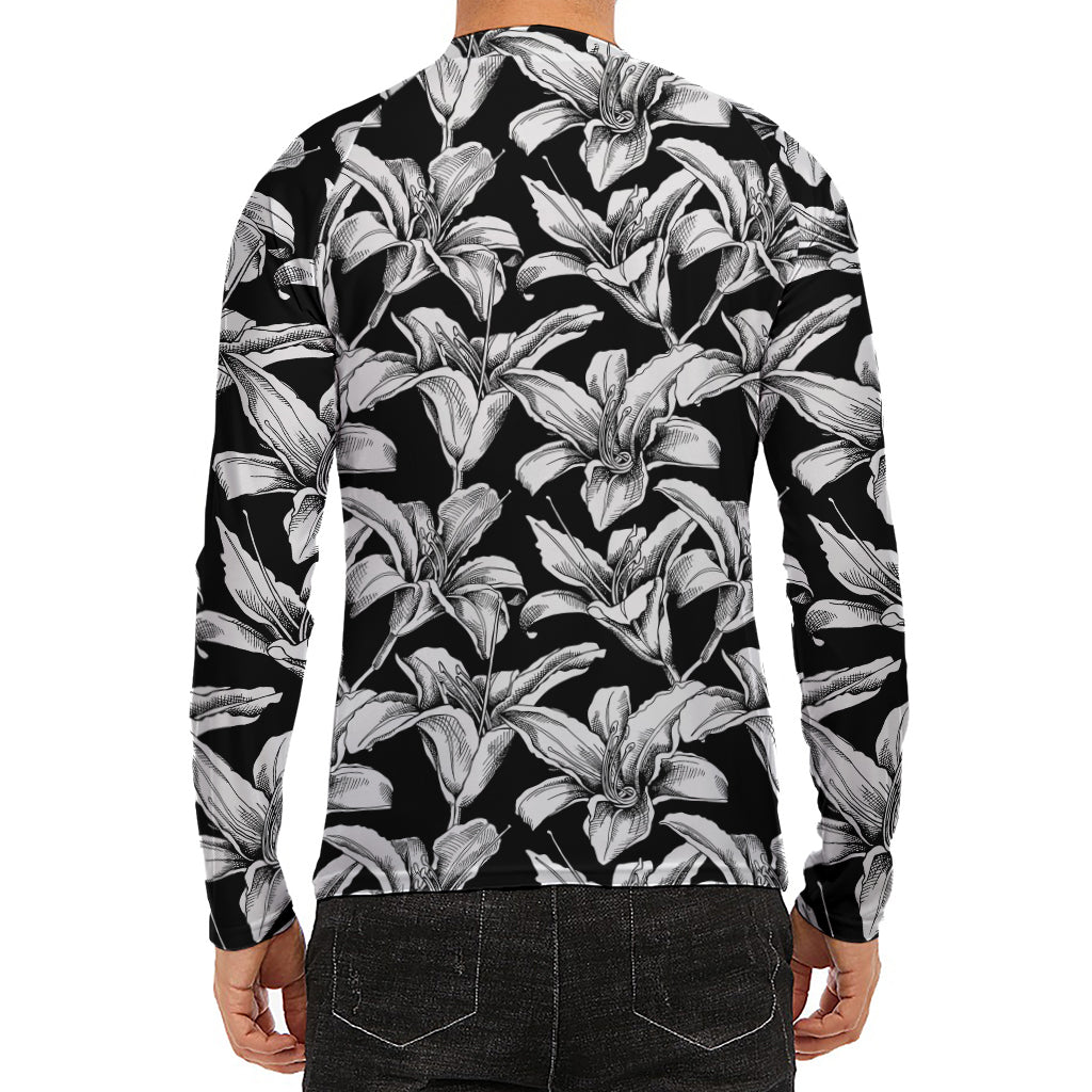 Black And White Lily Pattern Print Men's Long Sleeve Rash Guard