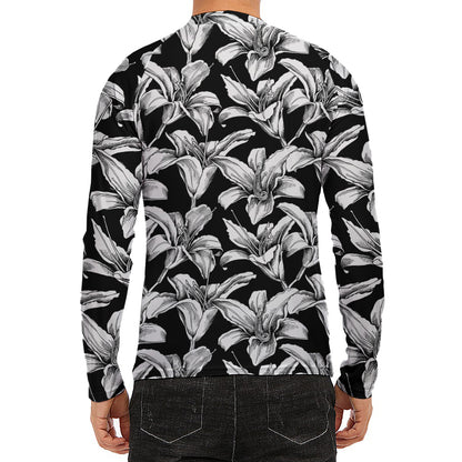 Black And White Lily Pattern Print Men's Long Sleeve Rash Guard