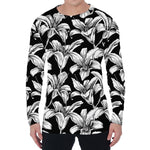 Black And White Lily Pattern Print Men's Long Sleeve T-Shirt
