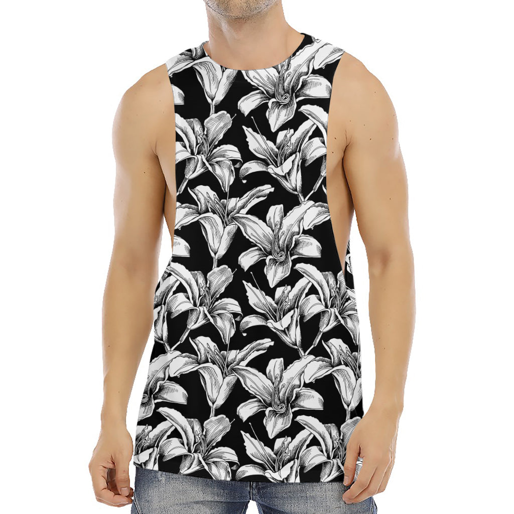 Black And White Lily Pattern Print Men's Muscle Tank Top
