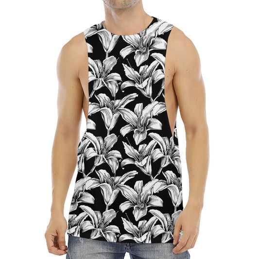 Black And White Lily Pattern Print Men's Muscle Tank Top