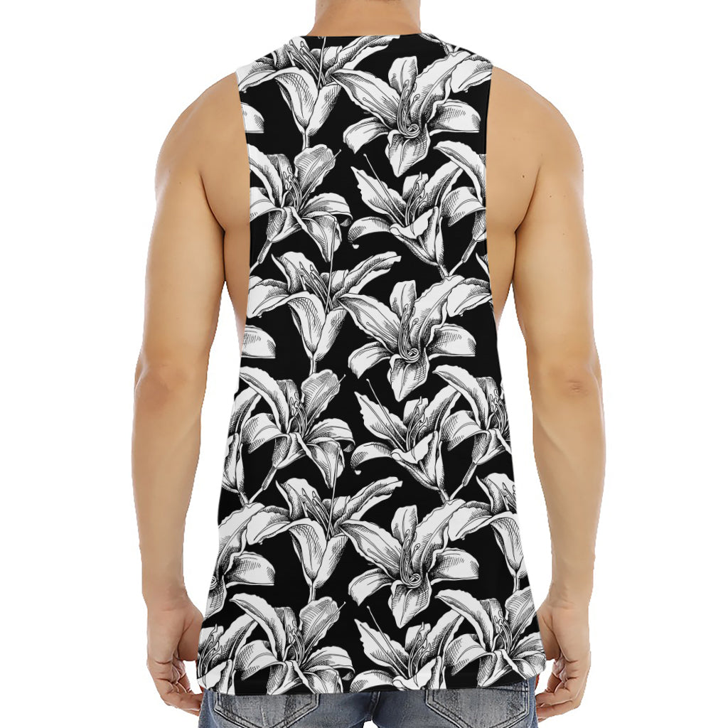 Black And White Lily Pattern Print Men's Muscle Tank Top