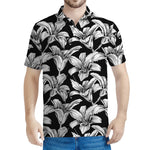Black And White Lily Pattern Print Men's Polo Shirt