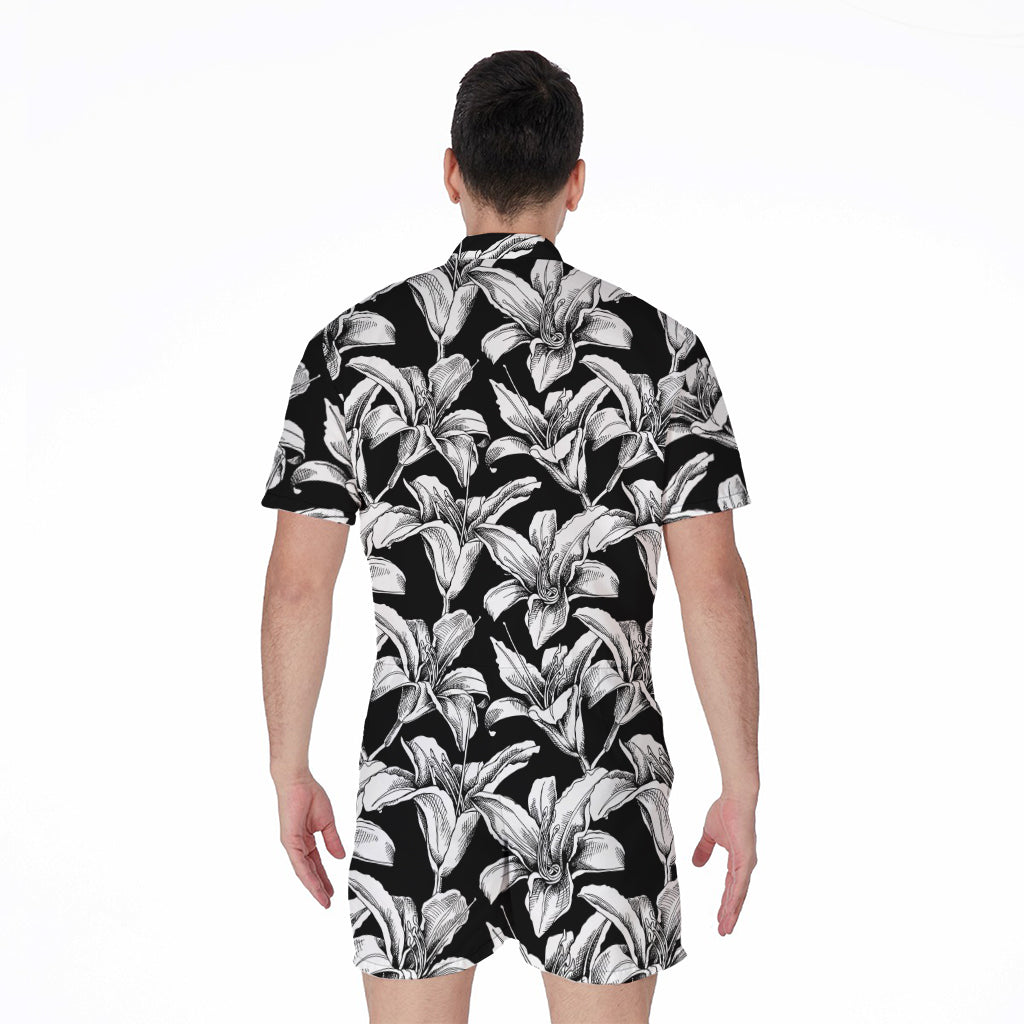 Black And White Lily Pattern Print Men's Rompers