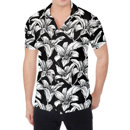 Black And White Lily Pattern Print Men's Shirt