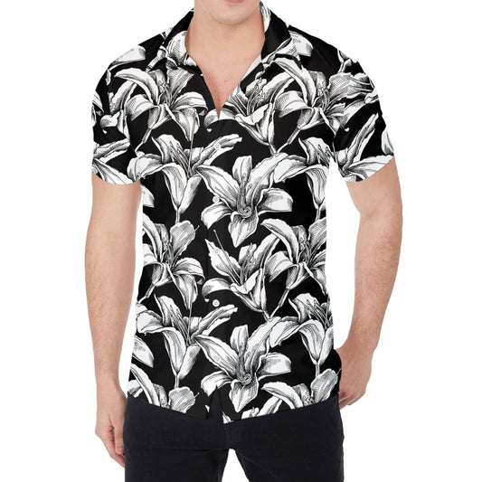 Black And White Lily Pattern Print Men's Shirt