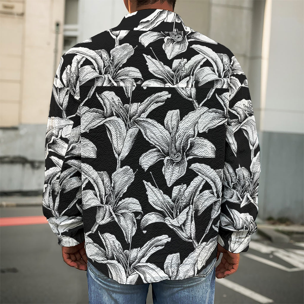 Black And White Lily Pattern Print Men's Shirt Jacket