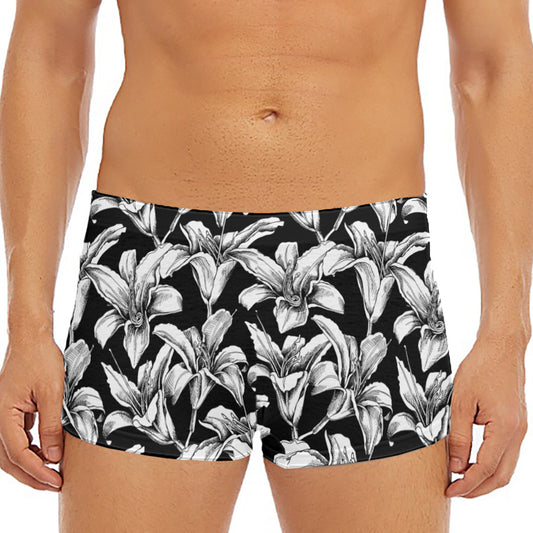 Black And White Lily Pattern Print Men's Short Boxer Briefs