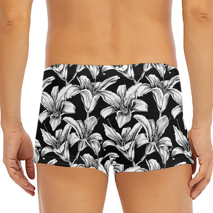 Black And White Lily Pattern Print Men's Short Boxer Briefs