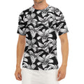 Black And White Lily Pattern Print Men's Short Sleeve Rash Guard