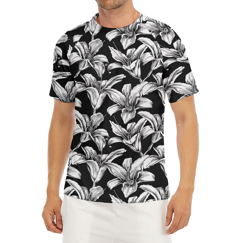 Black And White Lily Pattern Print Men's Short Sleeve Rash Guard