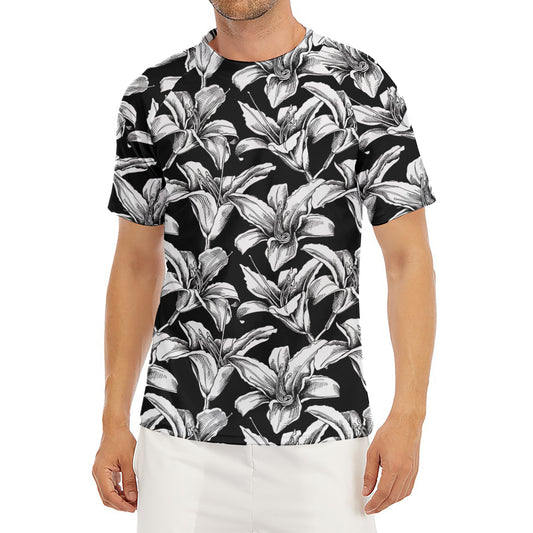 Black And White Lily Pattern Print Men's Short Sleeve Rash Guard