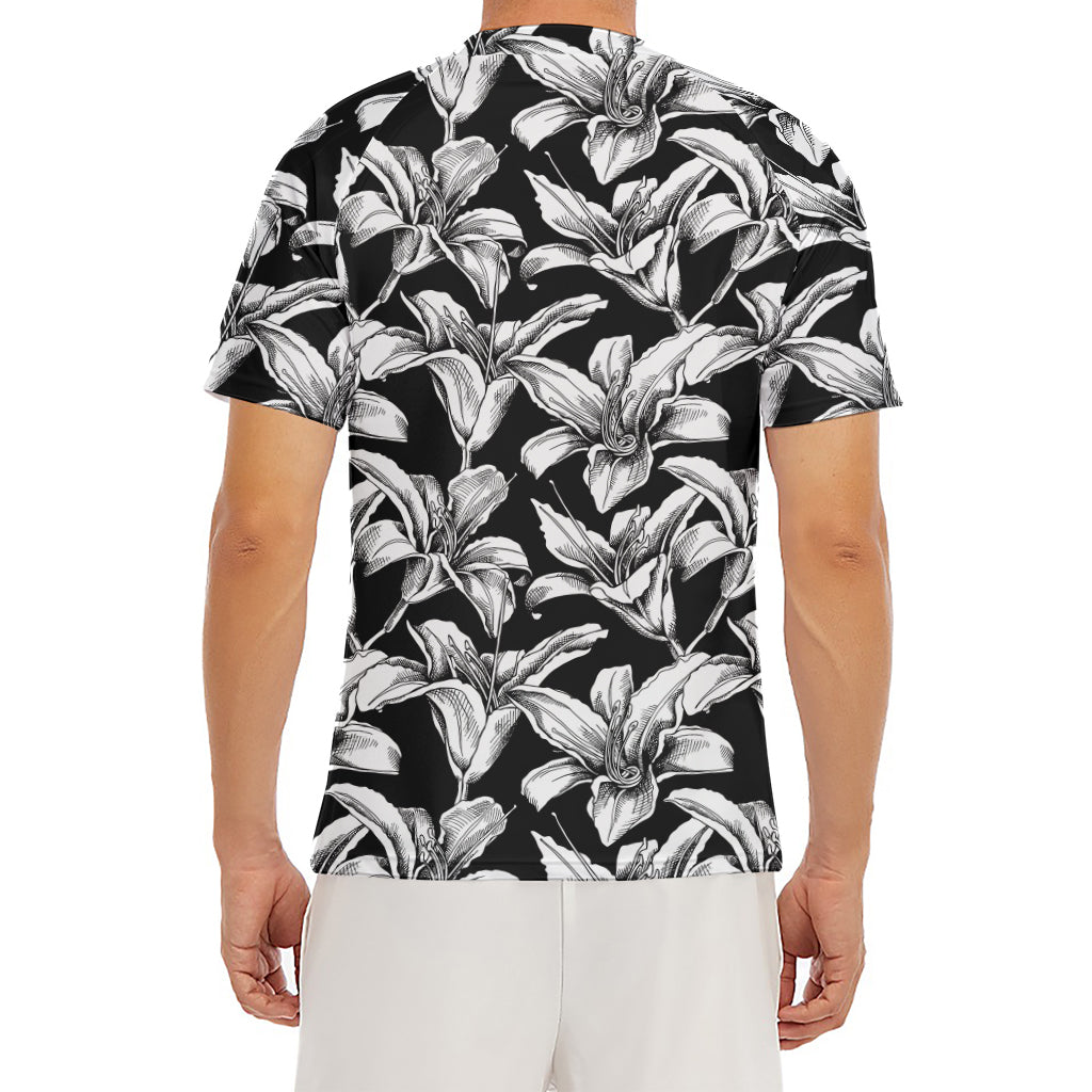 Black And White Lily Pattern Print Men's Short Sleeve Rash Guard