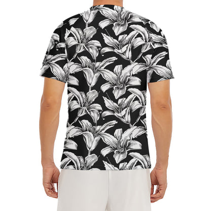 Black And White Lily Pattern Print Men's Short Sleeve Rash Guard