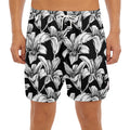 Black And White Lily Pattern Print Men's Split Running Shorts