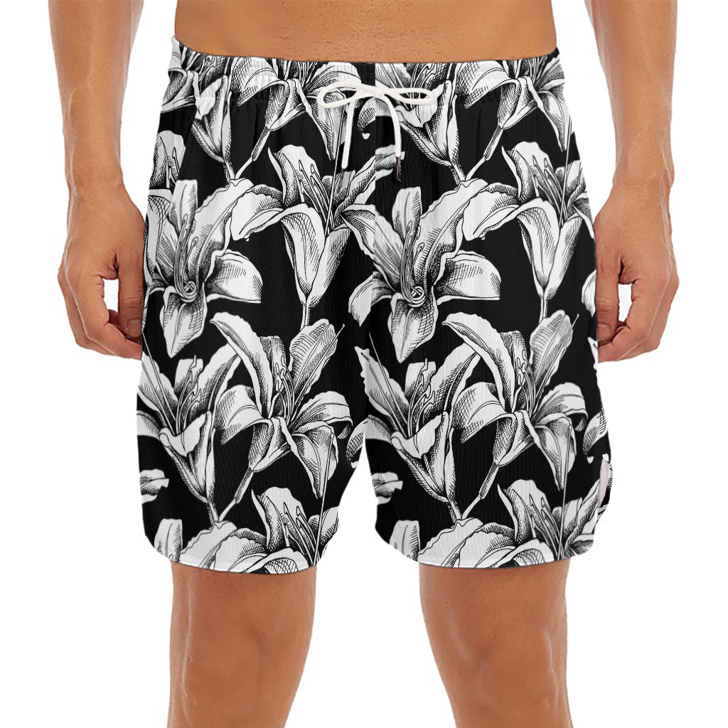 Black And White Lily Pattern Print Men's Split Running Shorts
