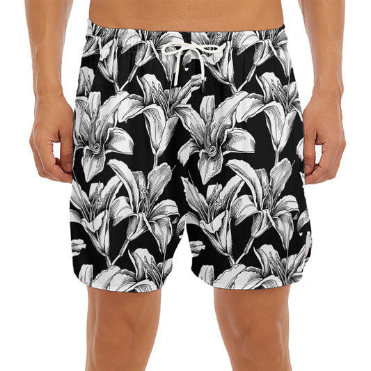 Black And White Lily Pattern Print Men's Split Running Shorts