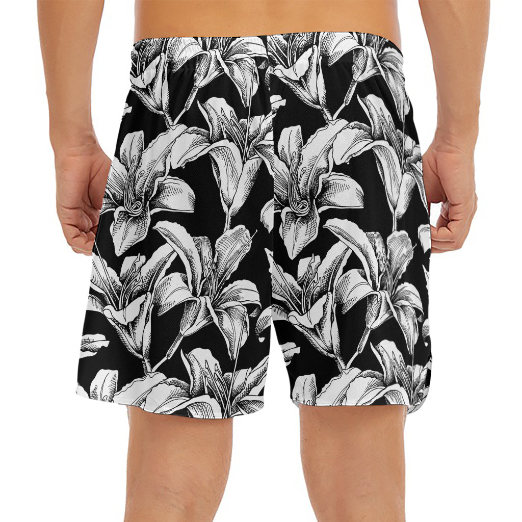 Black And White Lily Pattern Print Men's Split Running Shorts