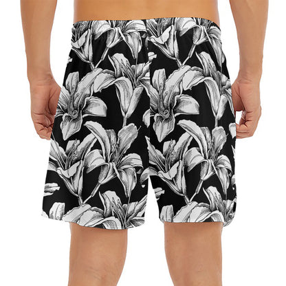 Black And White Lily Pattern Print Men's Split Running Shorts