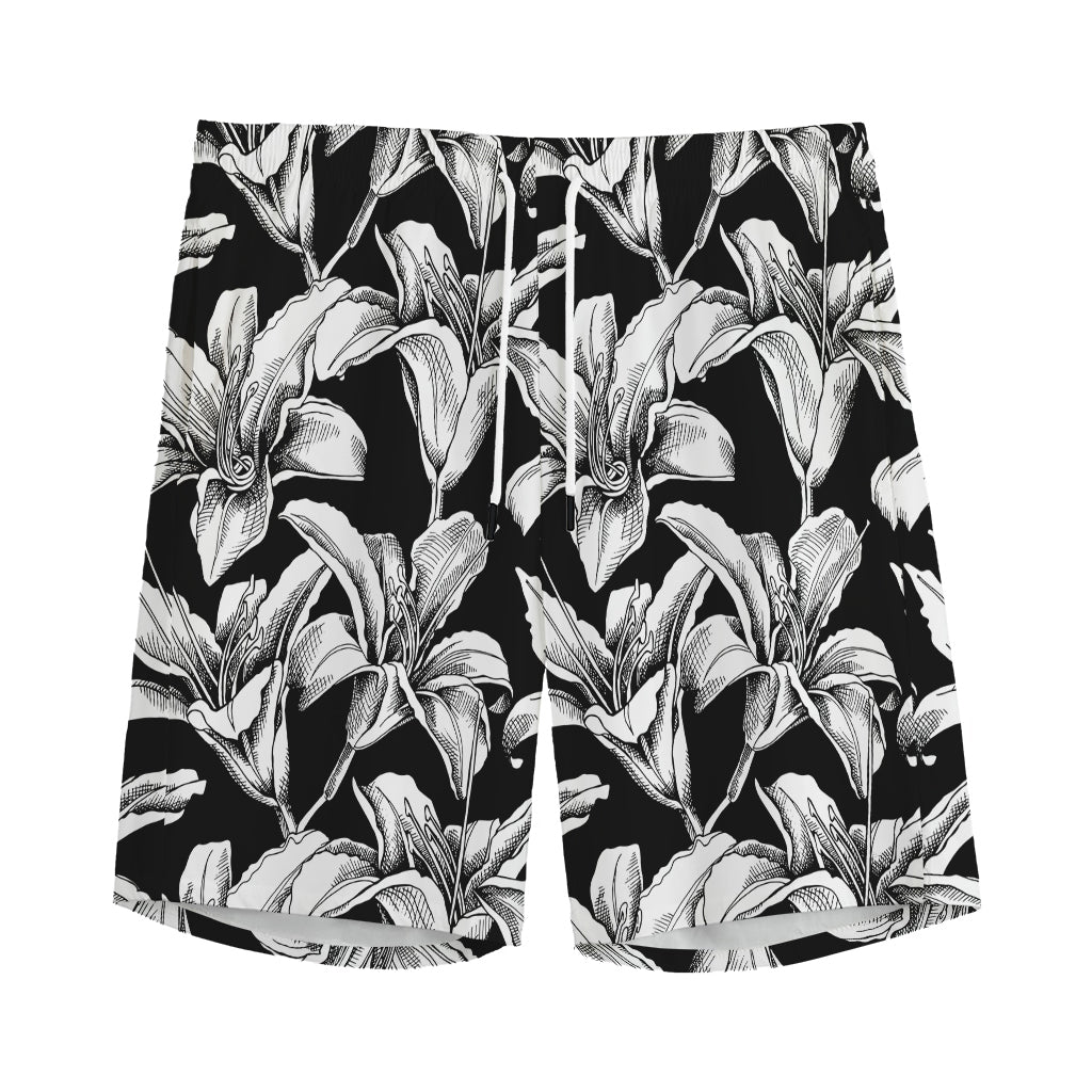 Black And White Lily Pattern Print Men's Sports Shorts