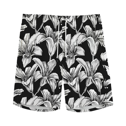 Black And White Lily Pattern Print Men's Sports Shorts