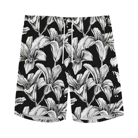 Black And White Lily Pattern Print Men's Sports Shorts