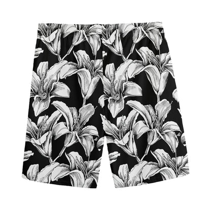 Black And White Lily Pattern Print Men's Sports Shorts