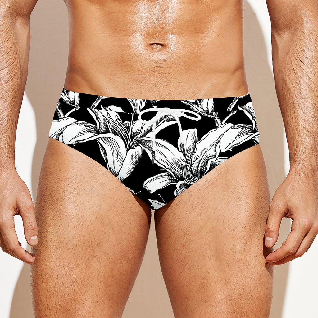 Black And White Lily Pattern Print Men's Swim Briefs