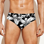 Black And White Lily Pattern Print Men's Swim Briefs