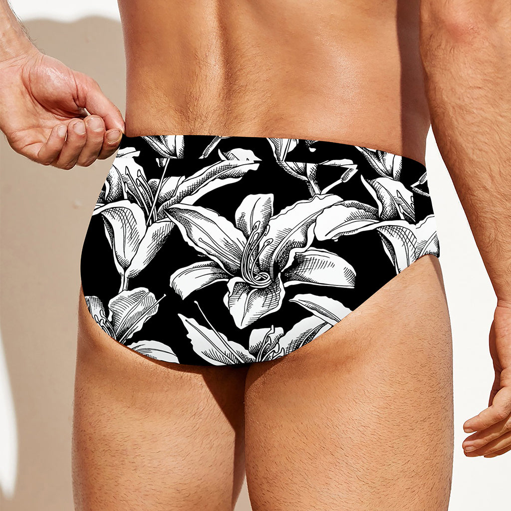 Black And White Lily Pattern Print Men's Swim Briefs