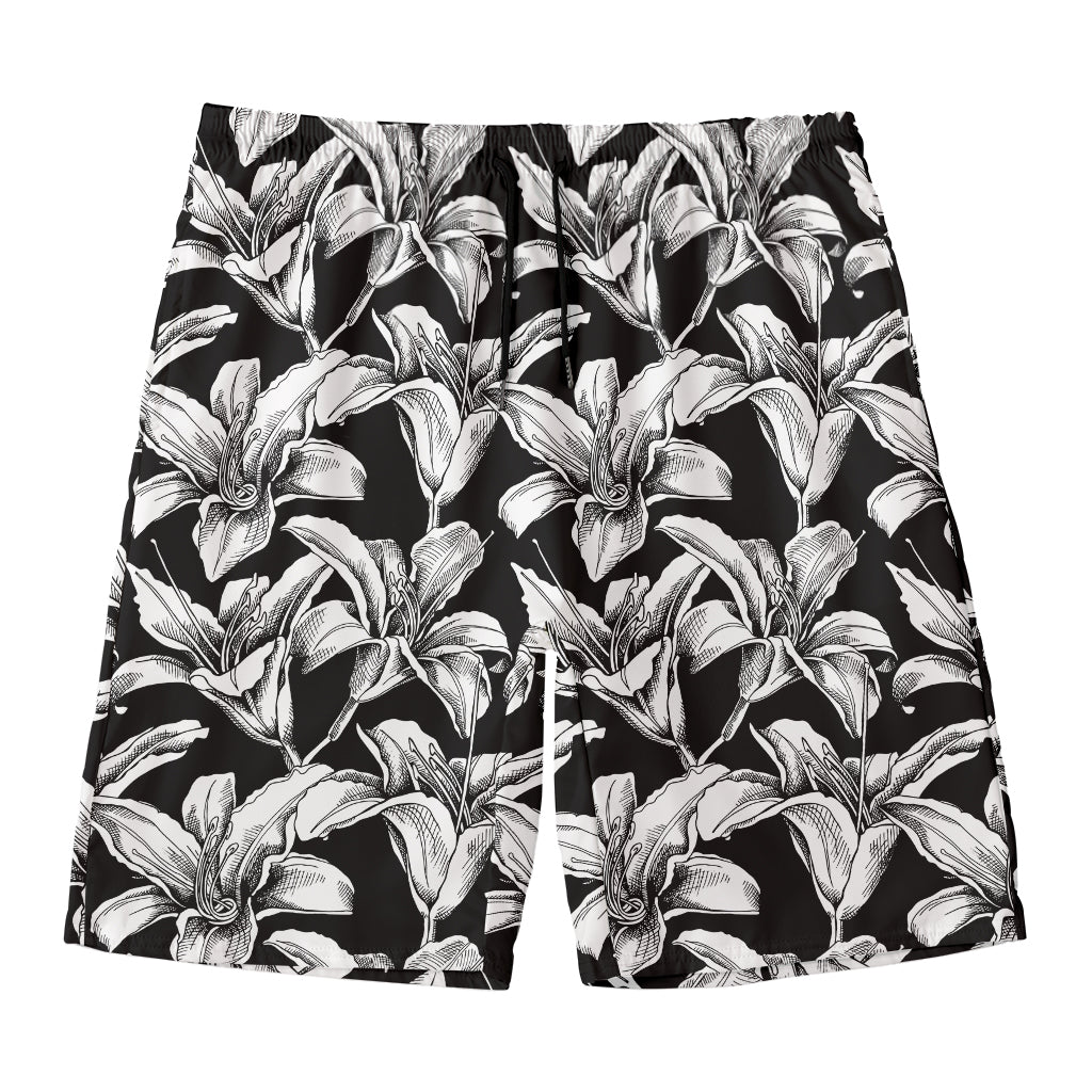 Black And White Lily Pattern Print Men's Swim Trunks