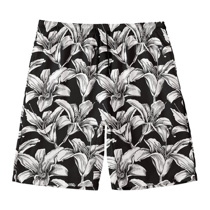 Black And White Lily Pattern Print Men's Swim Trunks