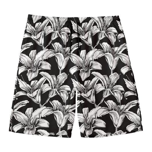 Black And White Lily Pattern Print Men's Swim Trunks