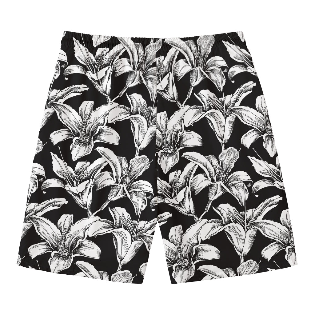 Black And White Lily Pattern Print Men's Swim Trunks