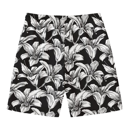 Black And White Lily Pattern Print Men's Swim Trunks
