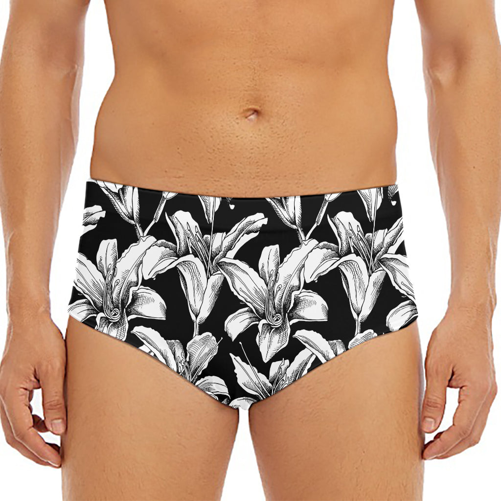 Black And White Lily Pattern Print Men's Triangle Swim Briefs