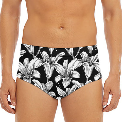 Black And White Lily Pattern Print Men's Triangle Swim Briefs