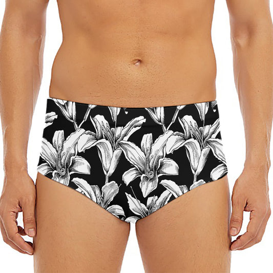 Black And White Lily Pattern Print Men's Triangle Swim Briefs