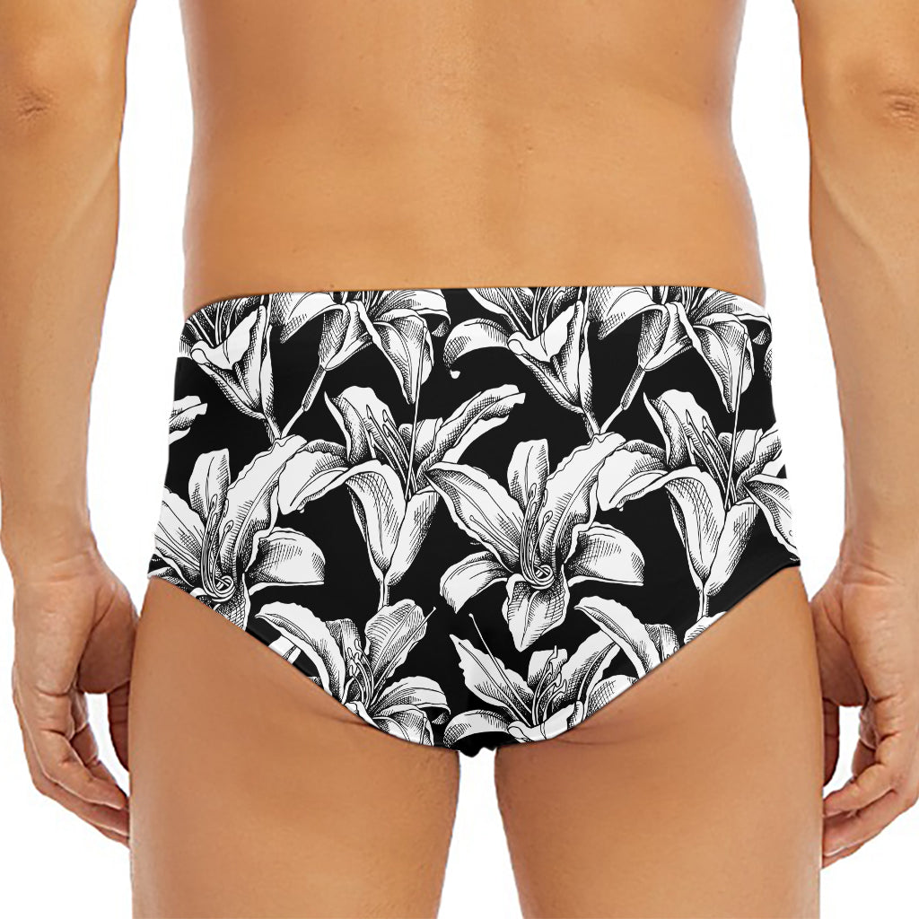 Black And White Lily Pattern Print Men's Triangle Swim Briefs