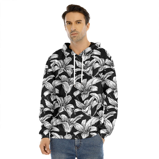 Black And White Lily Pattern Print Men's Velvet Pullover Hoodie