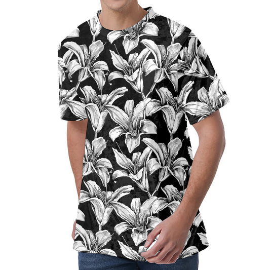 Black And White Lily Pattern Print Men's Velvet T-Shirt