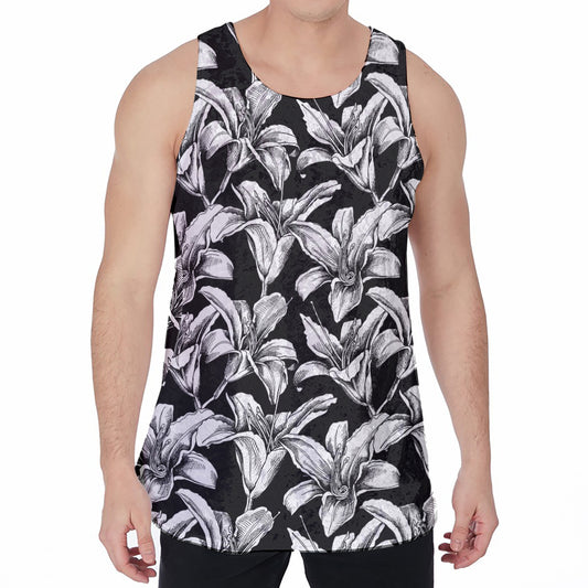 Black And White Lily Pattern Print Men's Velvet Tank Top