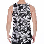 Black And White Lily Pattern Print Men's Velvet Tank Top