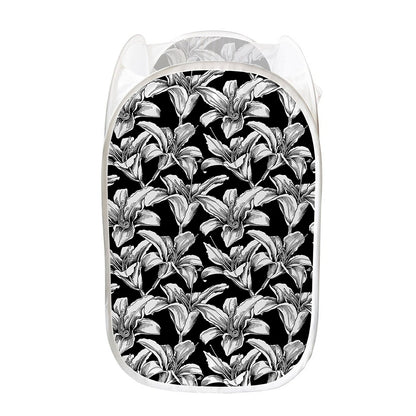 Black And White Lily Pattern Print Mesh Laundry Hamper