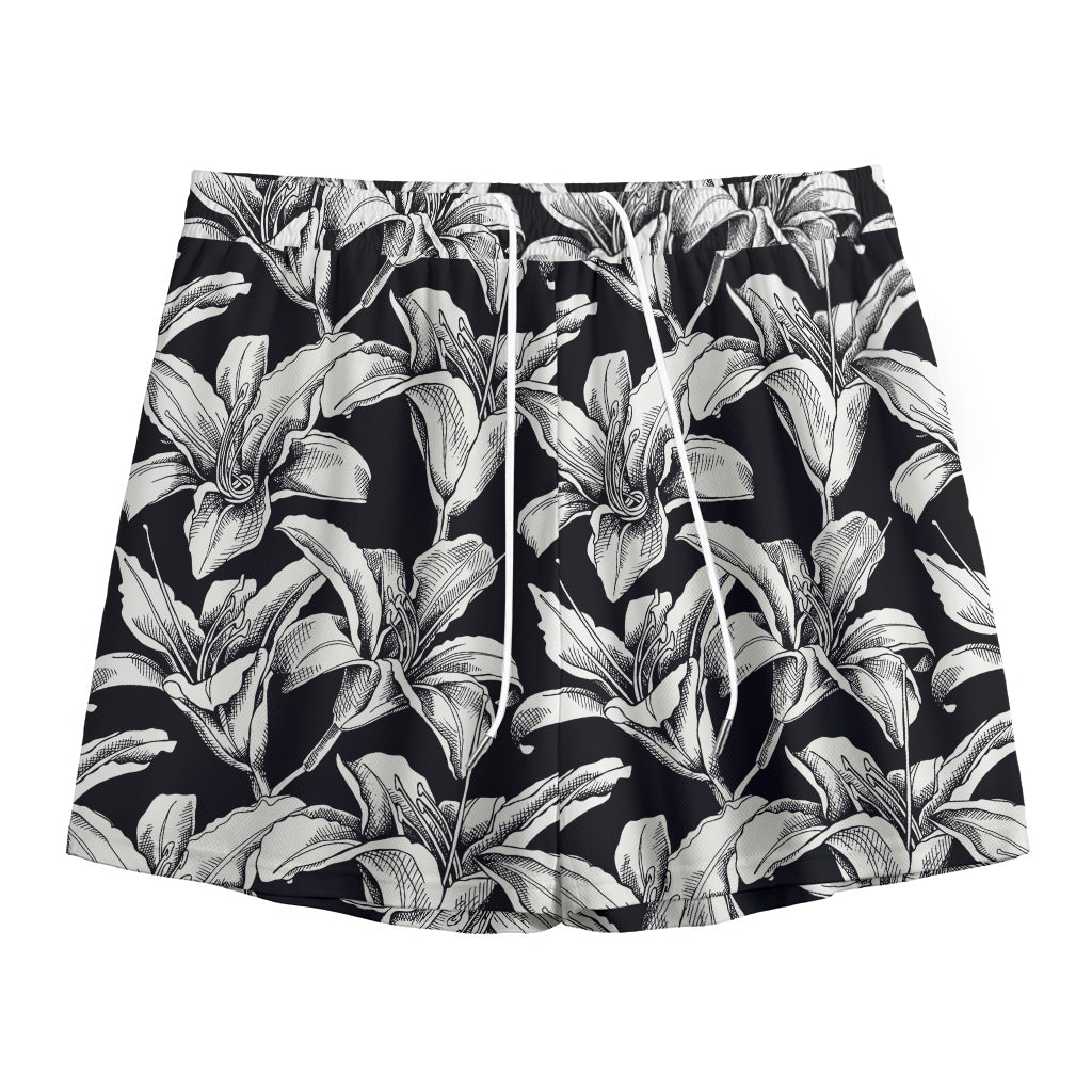 Black And White Lily Pattern Print Mesh Shorts