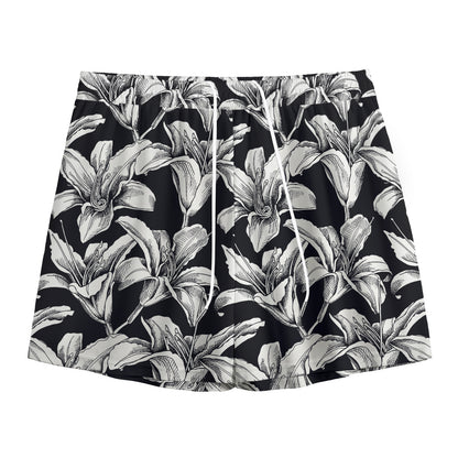 Black And White Lily Pattern Print Mesh Shorts