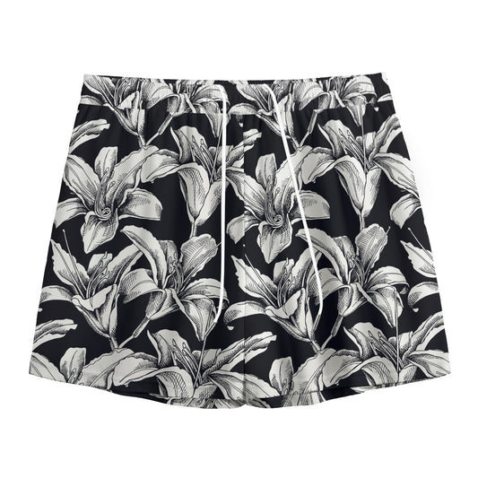 Black And White Lily Pattern Print Mesh Shorts